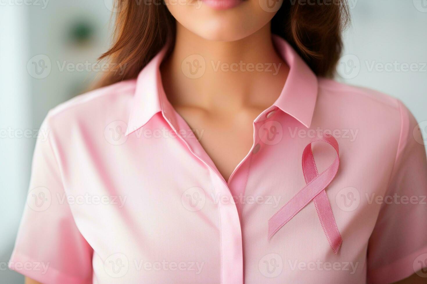 Pink October - Woman wearing pink blouse with bow in support of breast cancer prevention. International awareness movement for the early detection of breast cancer, Pink October - Generated by AI photo