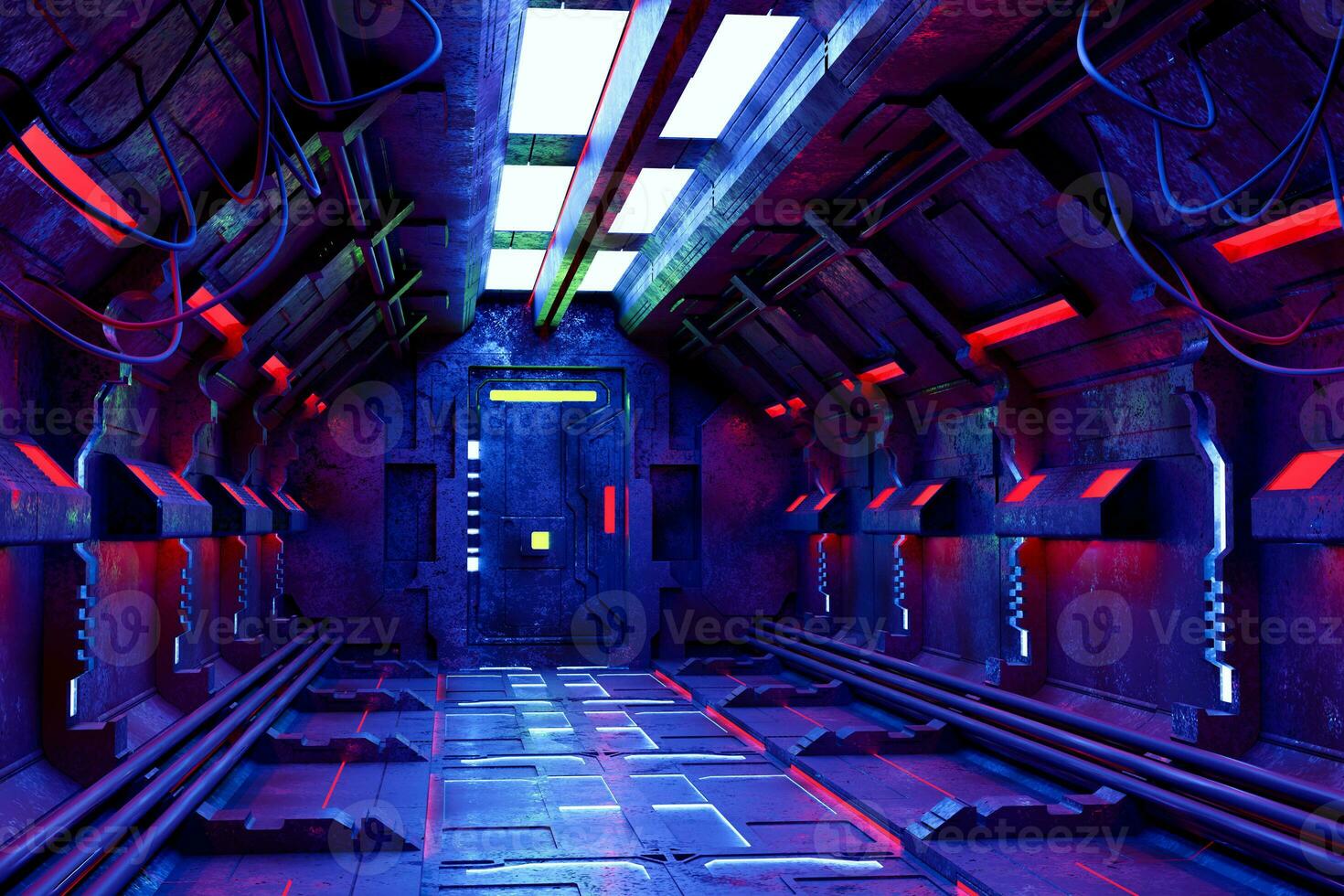 Sci-Fi grunge  corridor background illuminated with neon lights 3d render photo