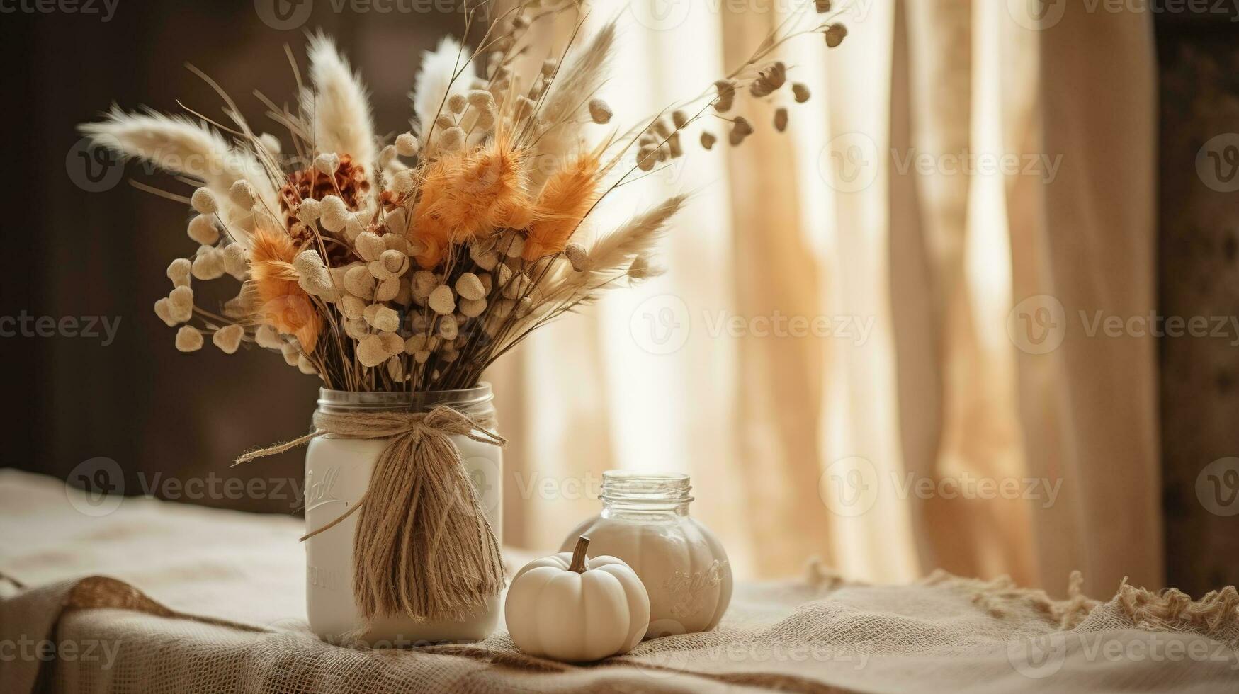 Generative AI, Autumn rustic decoration for home and celebration concept, pumpkins and plants, autumn background photo