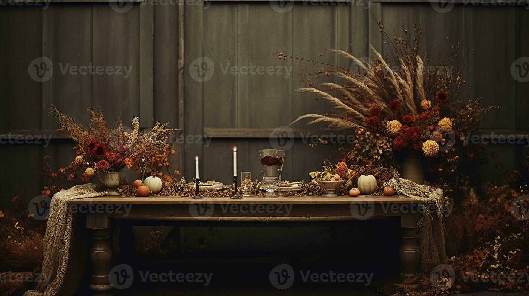 Generative AI, Autumn rustic decoration for home and celebration concept, pumpkins and plants, autumn background photo