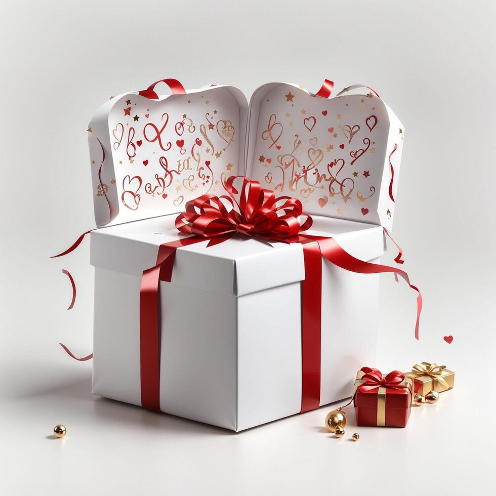 White open gift box red ribbon generative ai with star pattern christmas party png photo