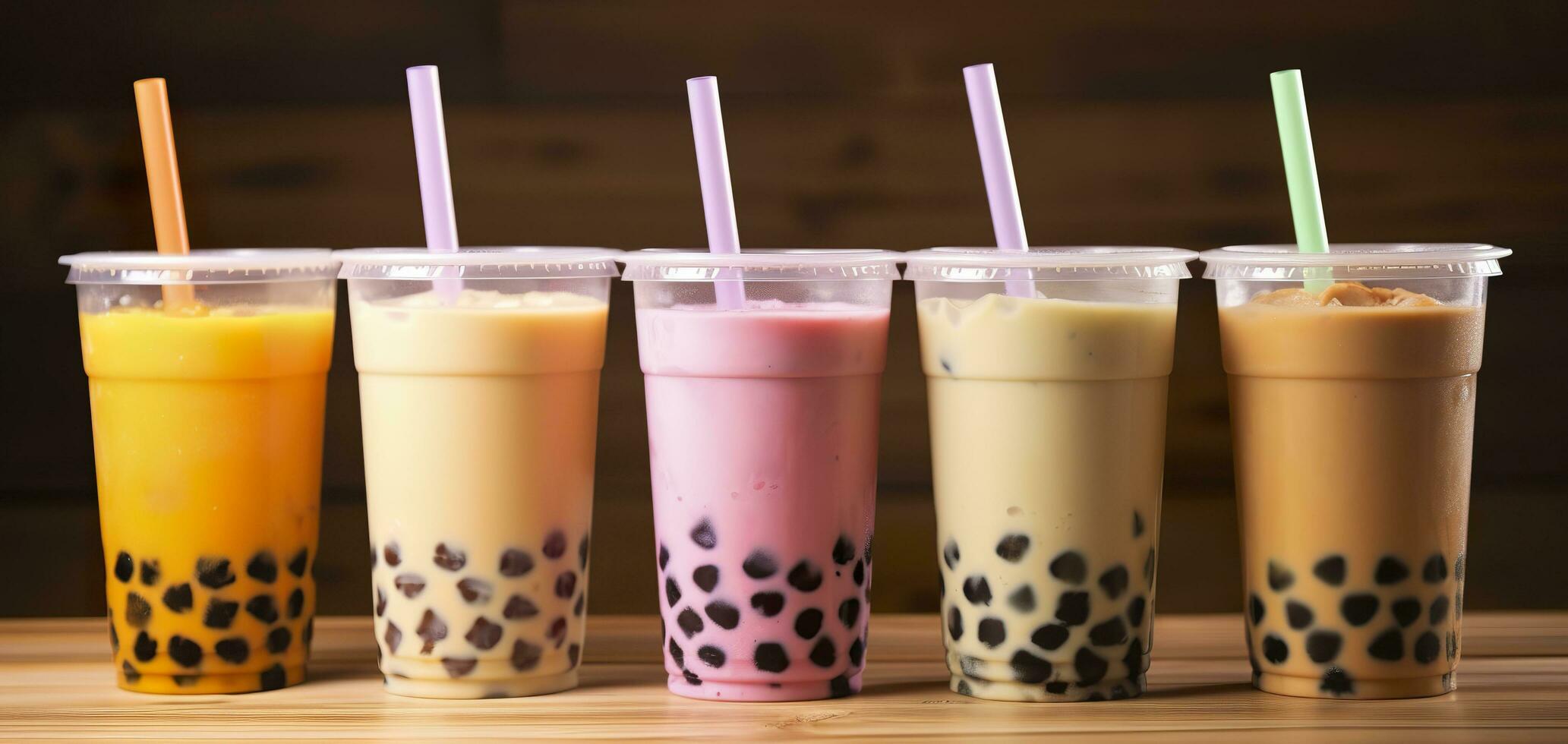 Plastic cups of different tasty bubble tea on wooden background. Generative AI photo