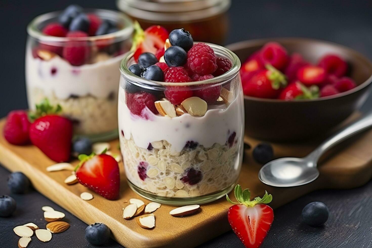 Mixed berries overnight oats with almond flakes in a glass jar, healthy breakfast.  AI Generated photo