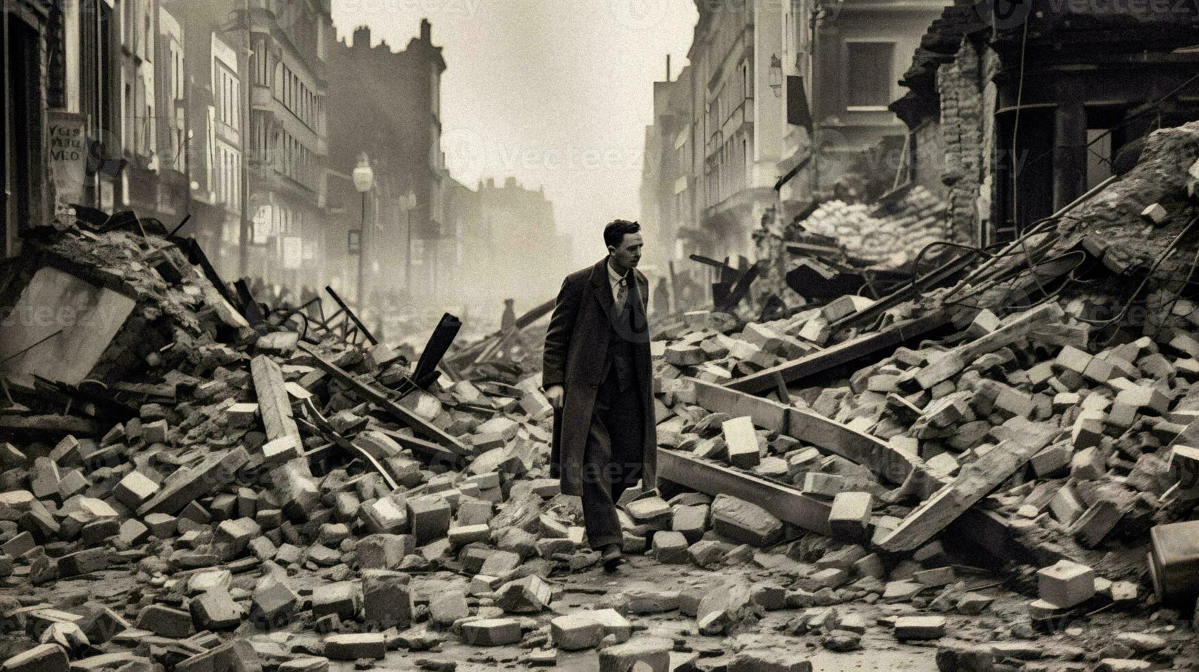 Resilience Amidst Chaos Elegant man walking through WWII bombed city