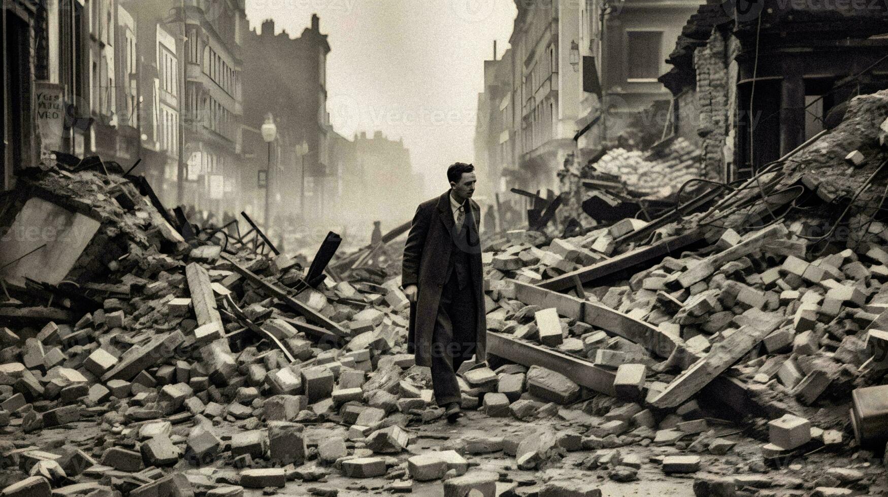 Resilience Amidst Chaos   Elegant man walking through WWII bombed city rubble   generative ai photo