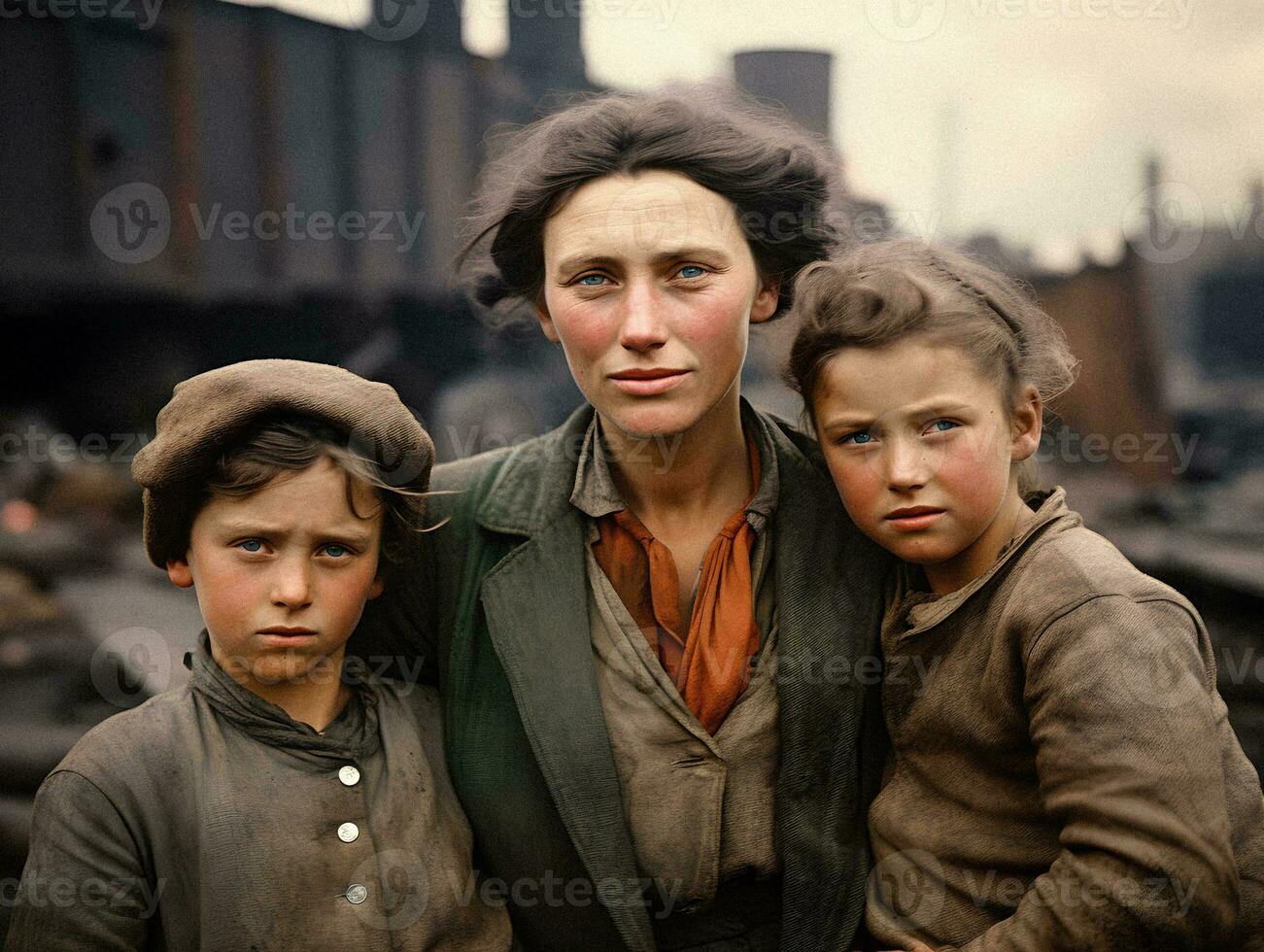 Resiliencia en medio de soledad un indigente familia durante el 1930 genial depresión era generativo ai foto