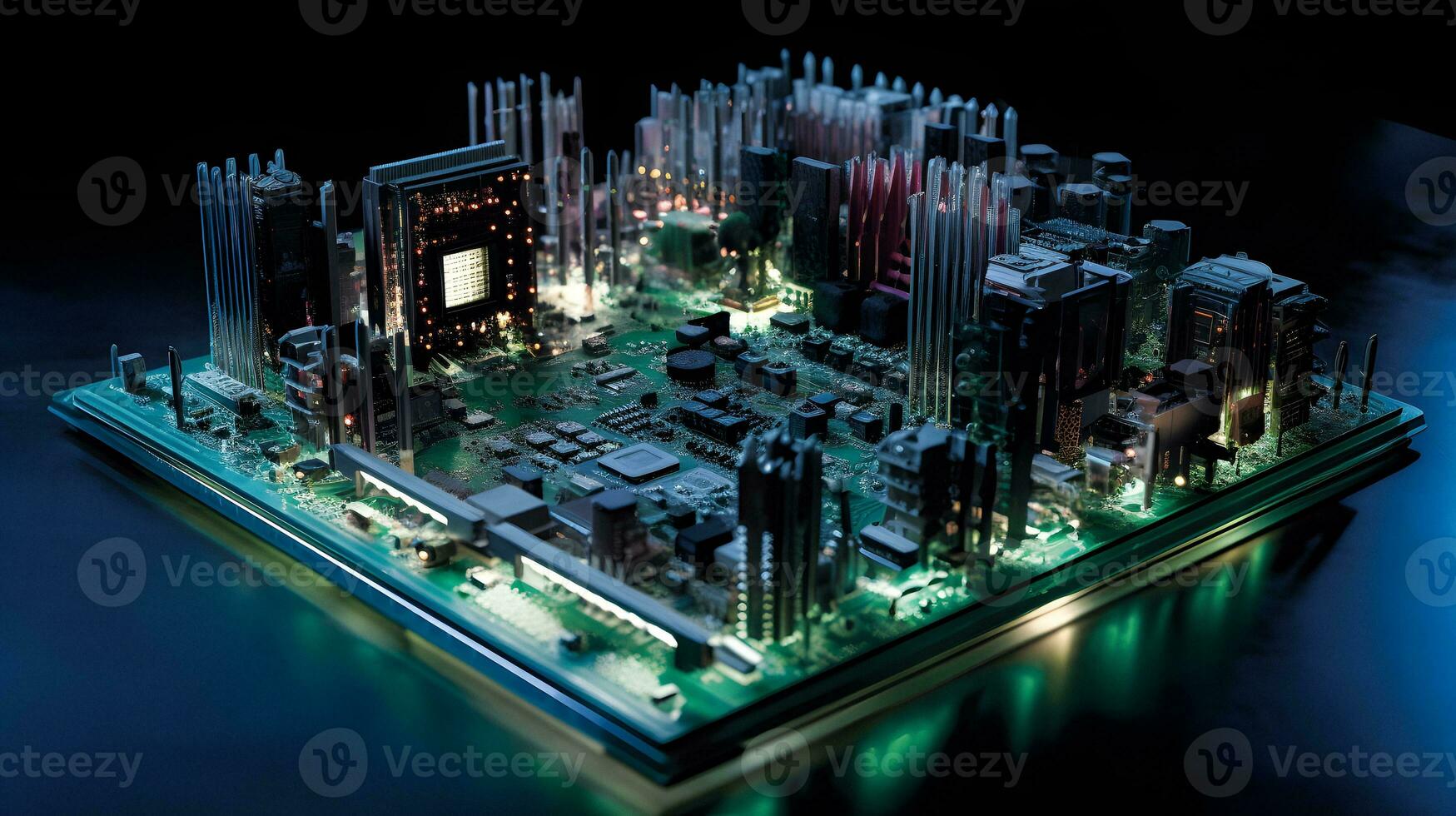 ciudad de circuitos un computadora tarjeta madre parecido a un ciudad, imagen generado por ai foto