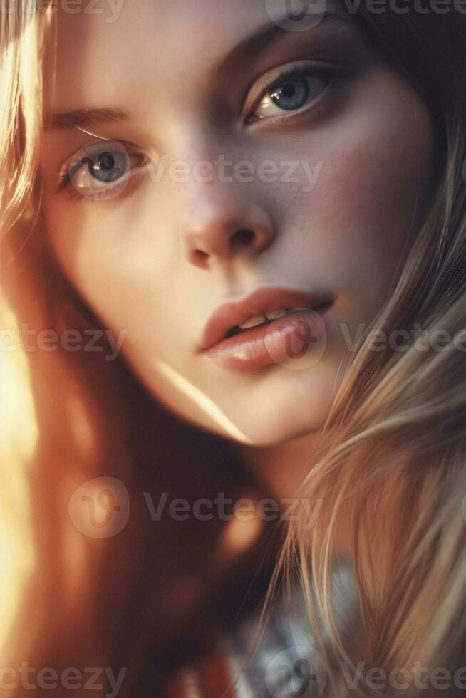 Mesmerizing portrait of a stunning young woman with a captivating gaze. Generative ai. photo