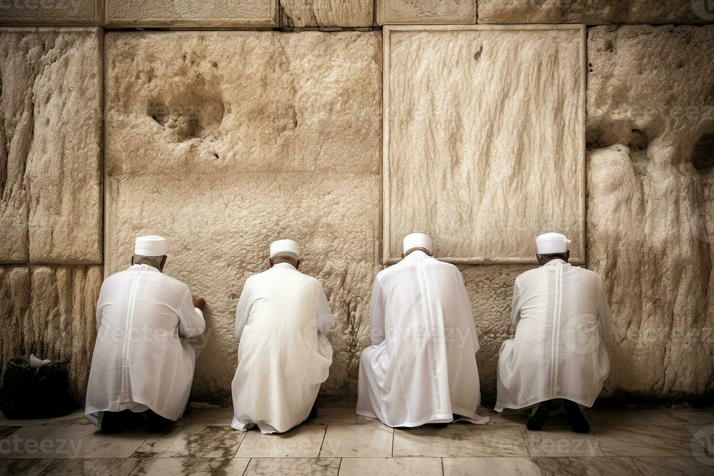 cuatro musulmán hombres Orando a el occidental pared en Jerusalén, simbolizando reconciliación Entre judios y árabes generativo ai foto