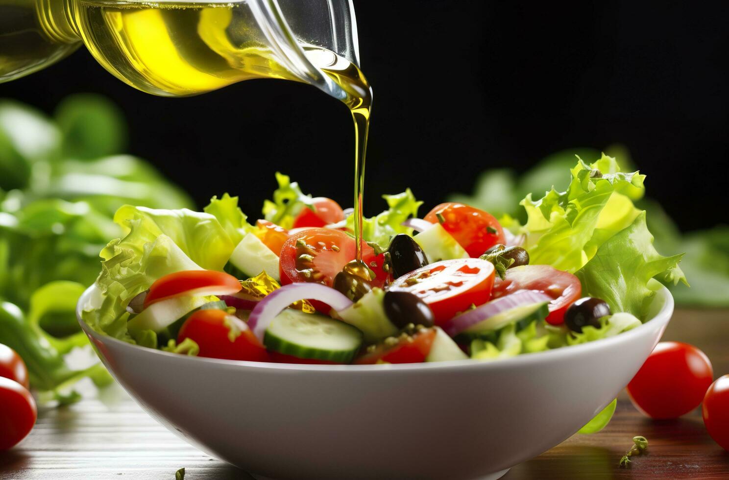 health benefits of healthy salad, in the style of precise detailing, smooth and shiny. AI Generated photo