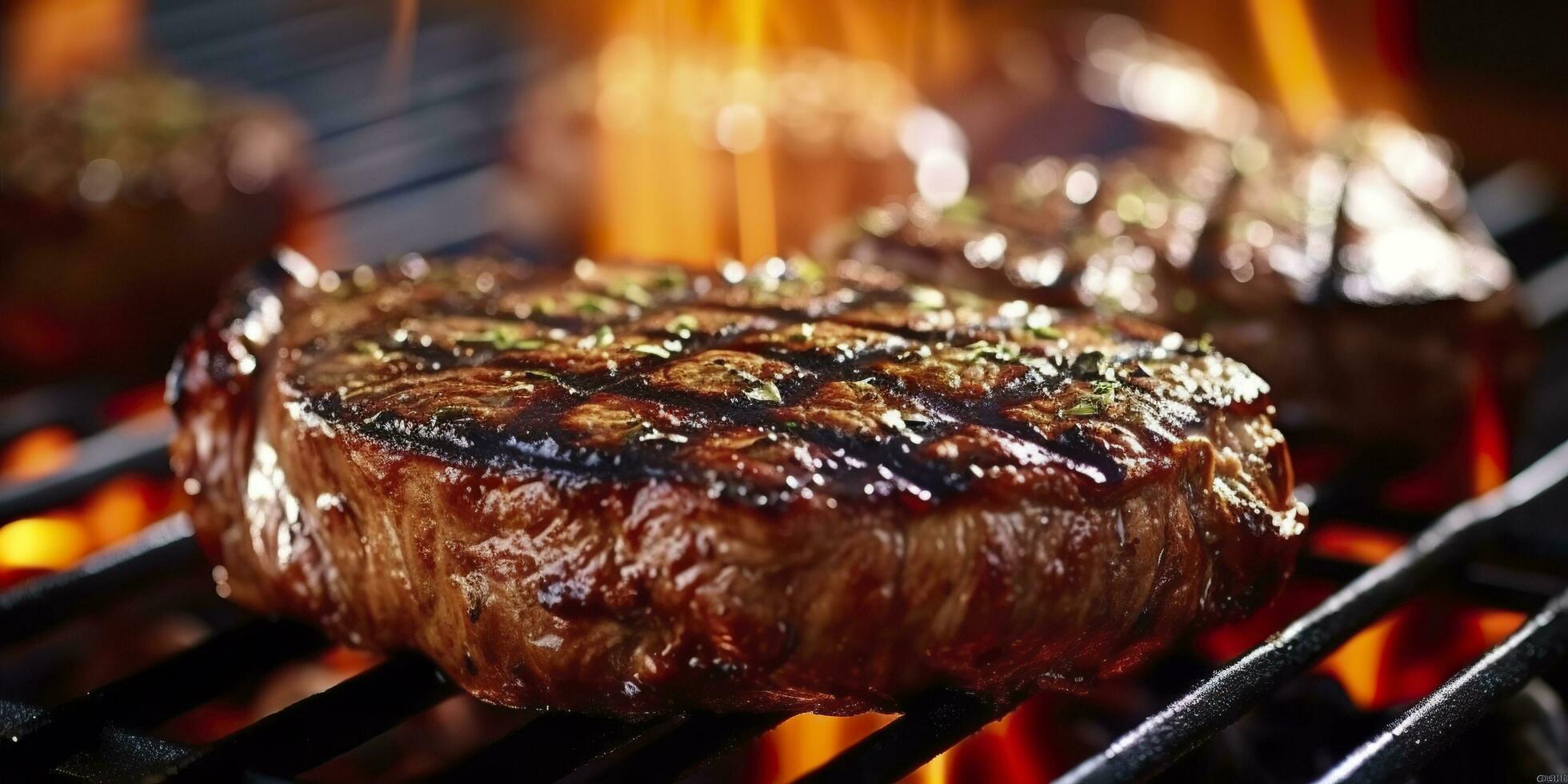 Beef ribeye steak grilling on a flaming grill. Generative AI photo