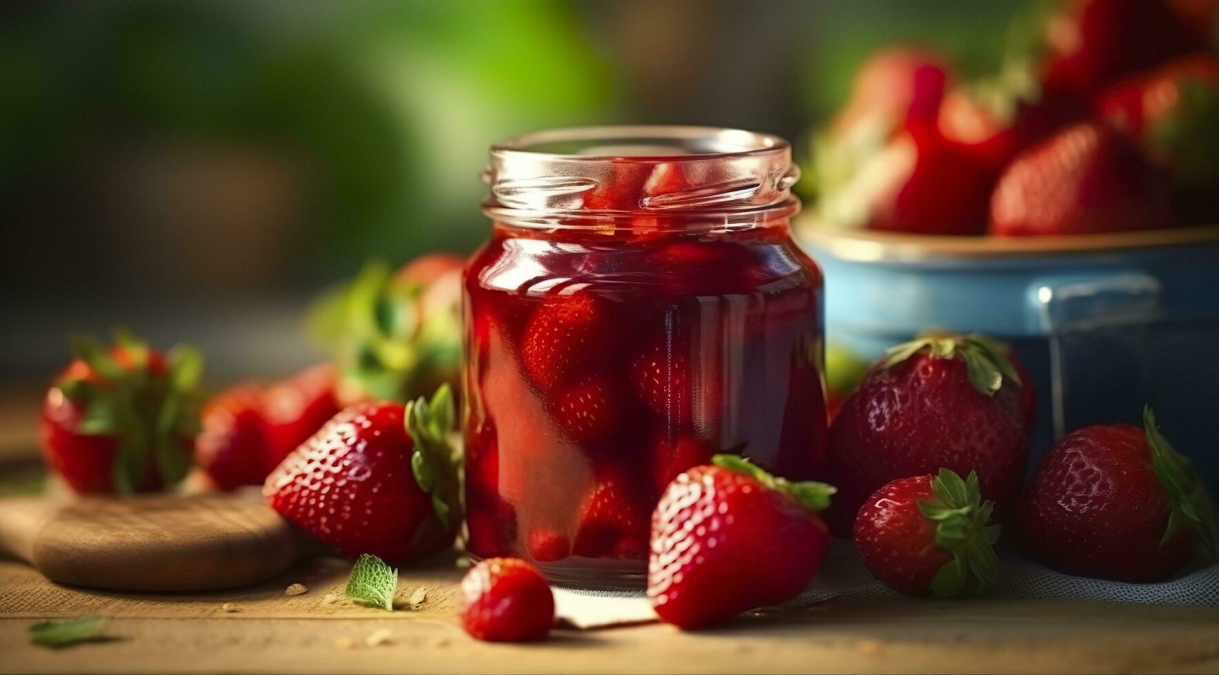 Strawberry jam and fresh berries. Generative AI photo
