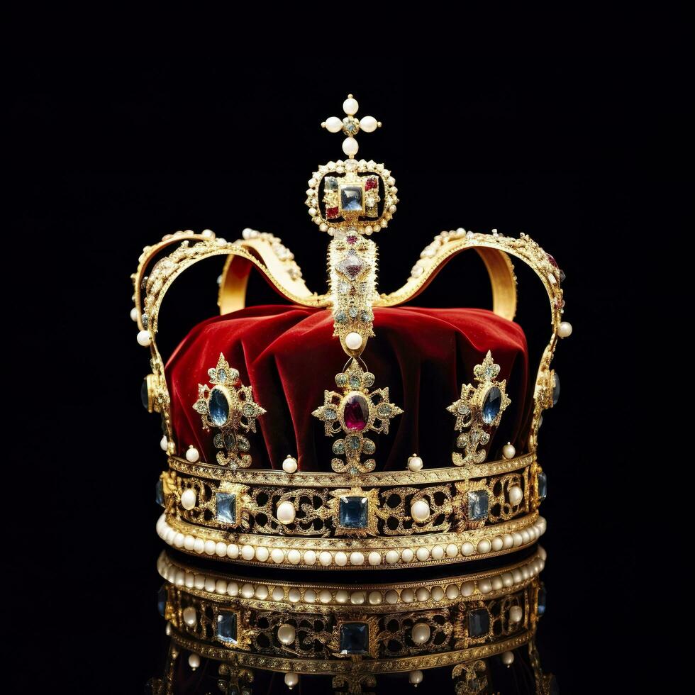 el real coronación corona aislado en un negro antecedentes. generativo ai foto