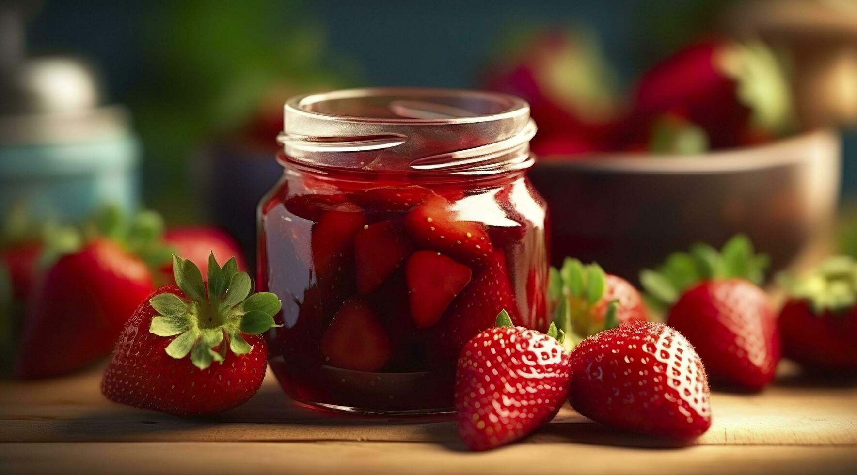 Strawberry jam and fresh berries. Generative AI photo