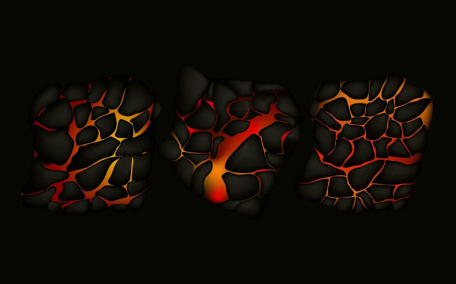 Stylized abstract background of volcano magma glow texture in cracking holes.Destroyed earth surface and flowing lava. vector