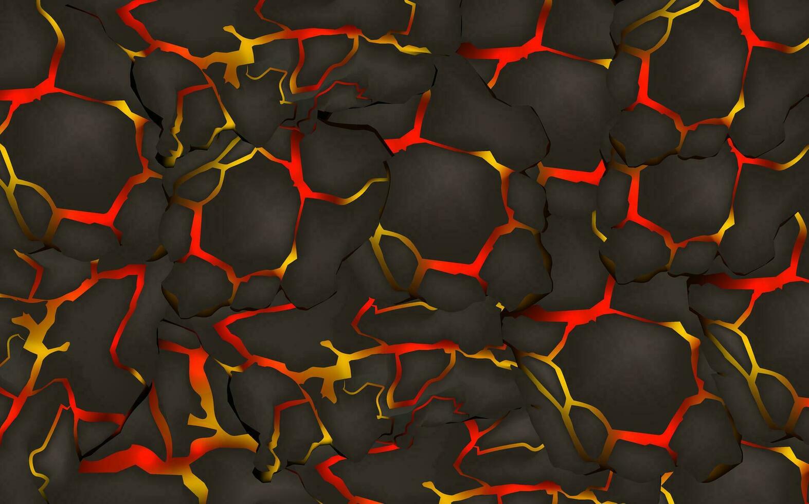 Stylized abstract background of volcano magma glow texture in cracking holes.Destroyed earth surface and flowing lava. vector