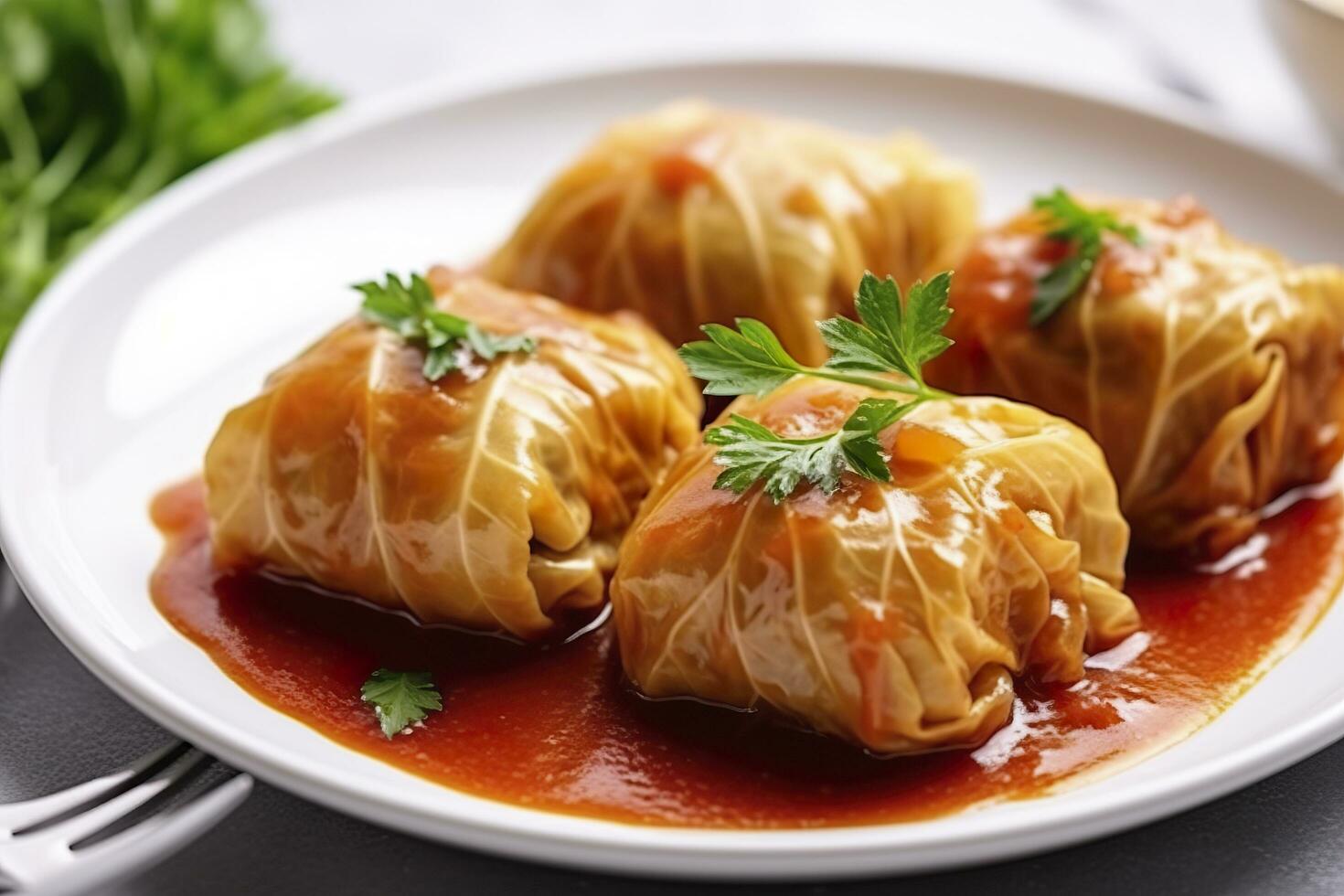 Stuffed cabbage with rice on a white table. Generative AI photo