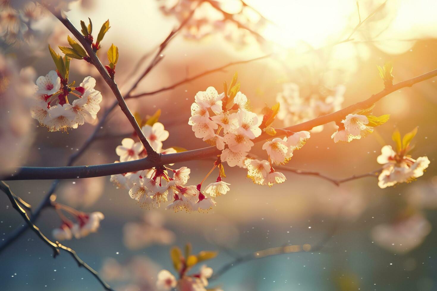 Spring blossom background. Nature scene with blooming tree and sun flare. Generative AI photo