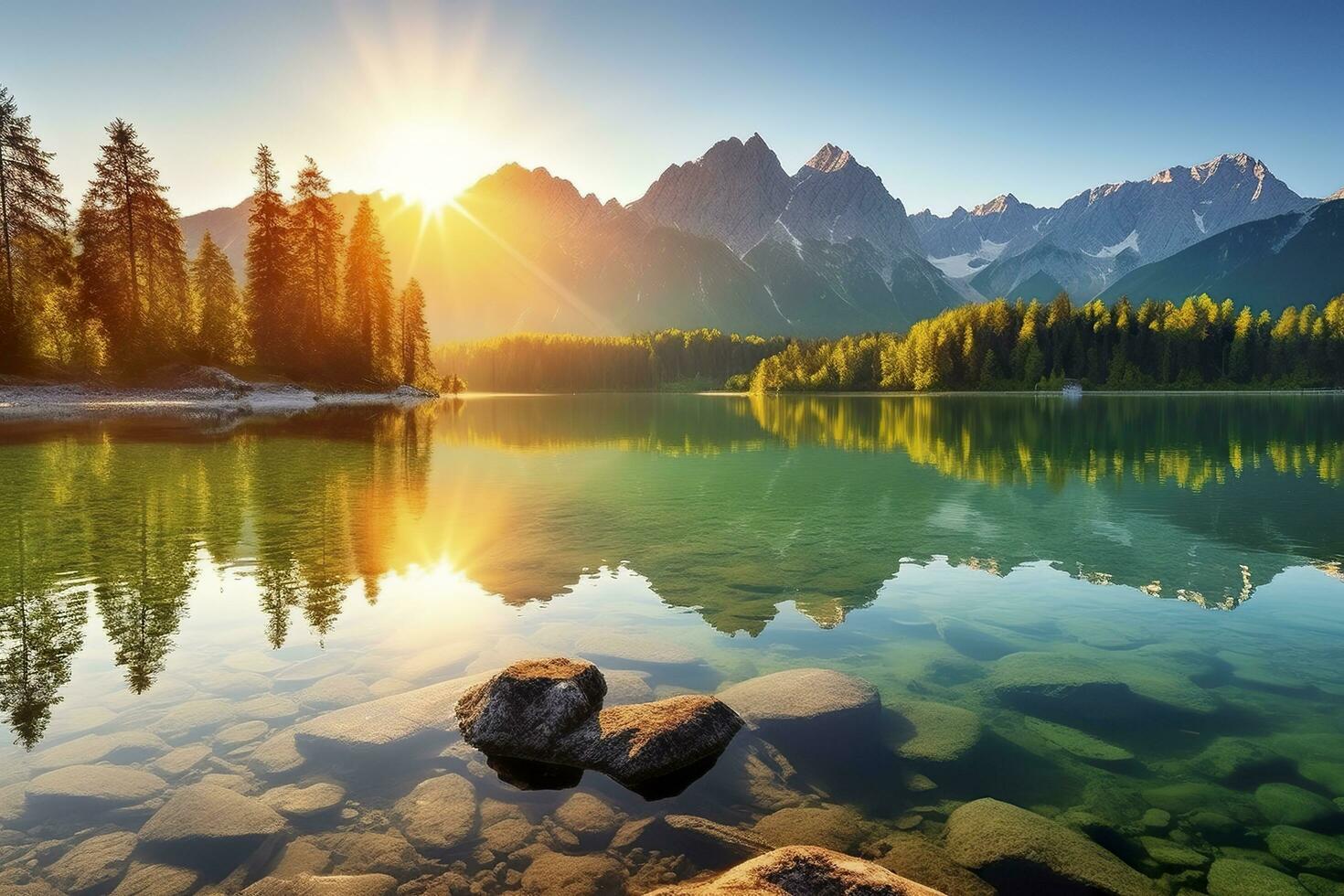 Impressive summer sunrise on Eibsee Lake with Zugspitze mountain range. AI Generated photo