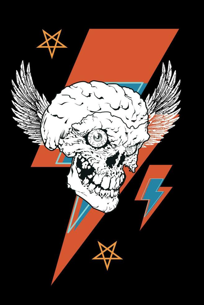 2 Winged skull t-shirt design with the symbol of thunderbolt and stars. Good illustration for rock and roll. vector