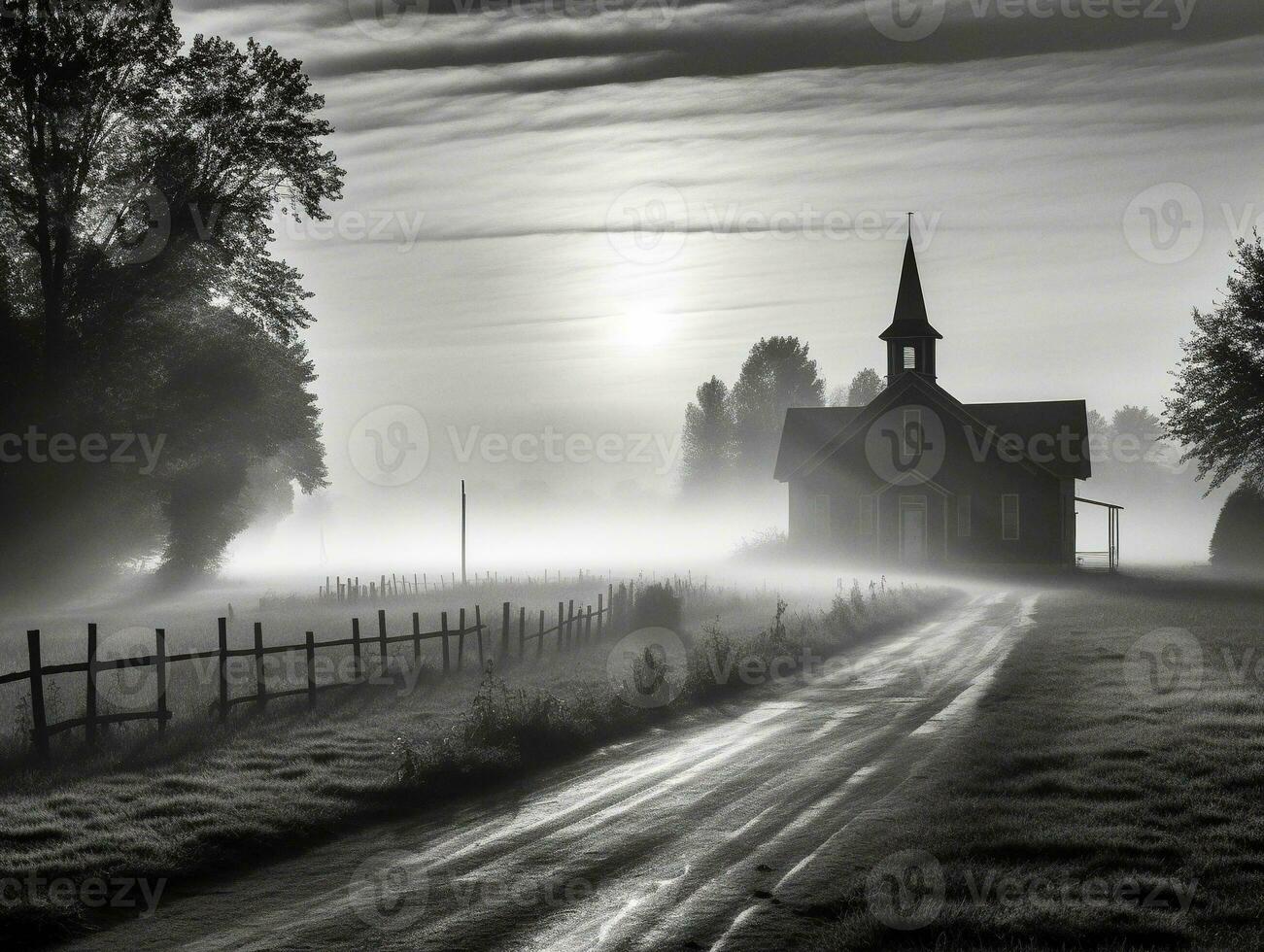 un pequeño Iglesia en el campo en un brumoso Mañana con hermosa luz de sol en frente, negro y blanco foto generativo ai