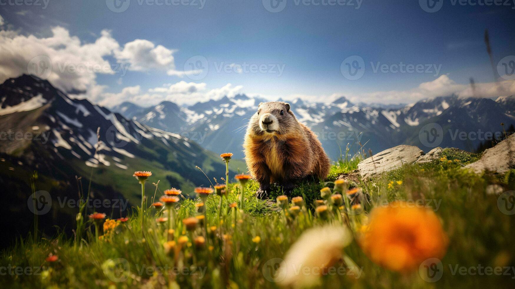 primavera serenidad marmota en el Nevado montañas generativo ai foto