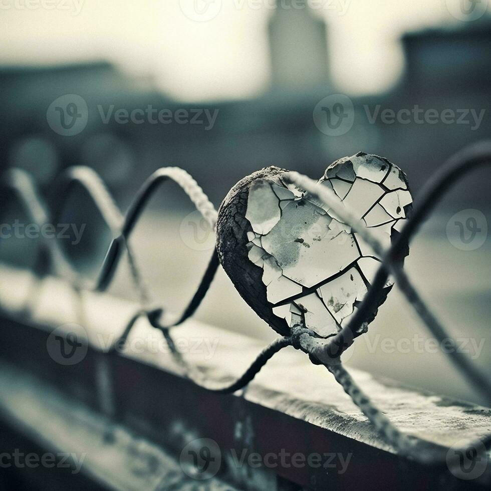 Glass Heart Intertwined in Metal Fence Wire. Generative AI. photo