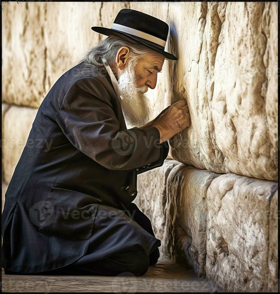 A Hasidic Jew Praying on the Western Wall in Jerusalem   generative AI photo