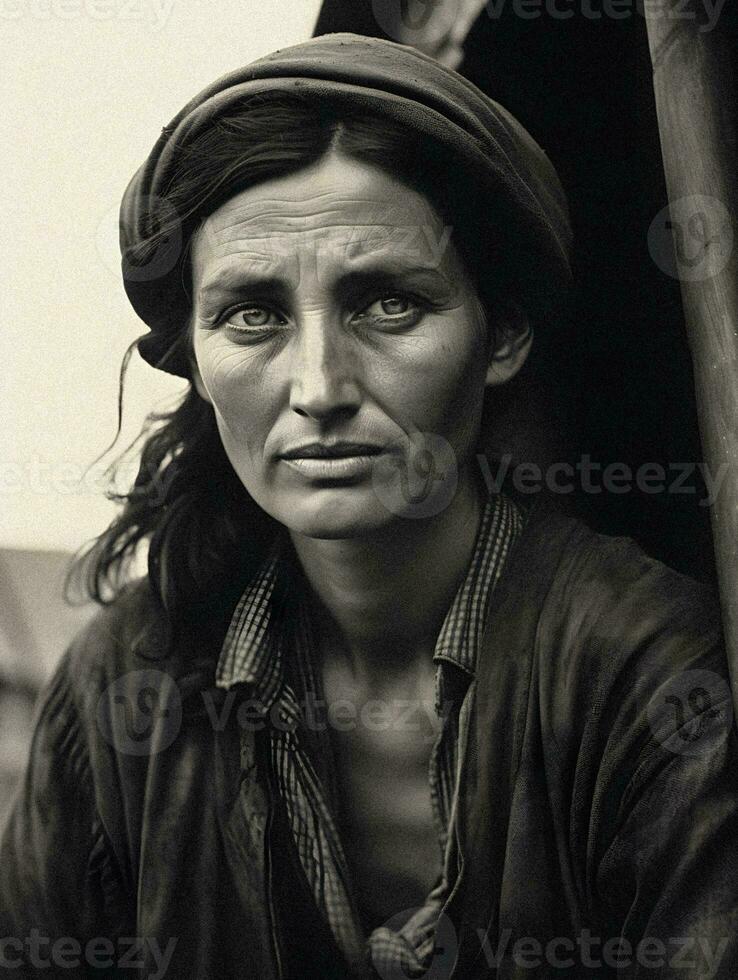 Great Depression Era Portrait of a Struggling Woman. Generative AI. photo