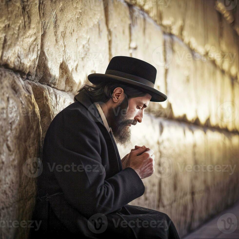 A Hasidic Jew Praying on the Western Wall in Jerusalem   generative AI photo