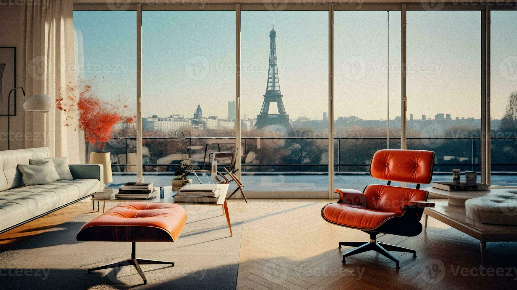 lujo minimalista vivo habitación con eiffel torre ver generativo ai foto