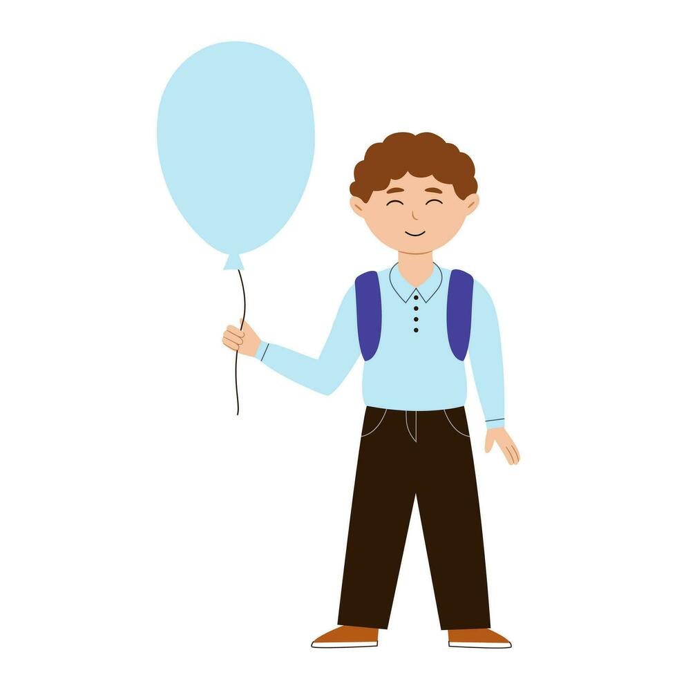 Happy boy with a backpack and a balloon in a school uniform. Vector illustration with back to school concept