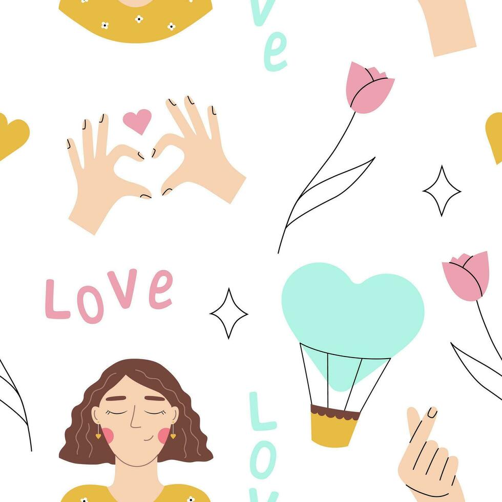 Seamless pattern with cute girl and self love concept. Vector wallpaper perfect for woman's blog, self love club or cosmetic promo