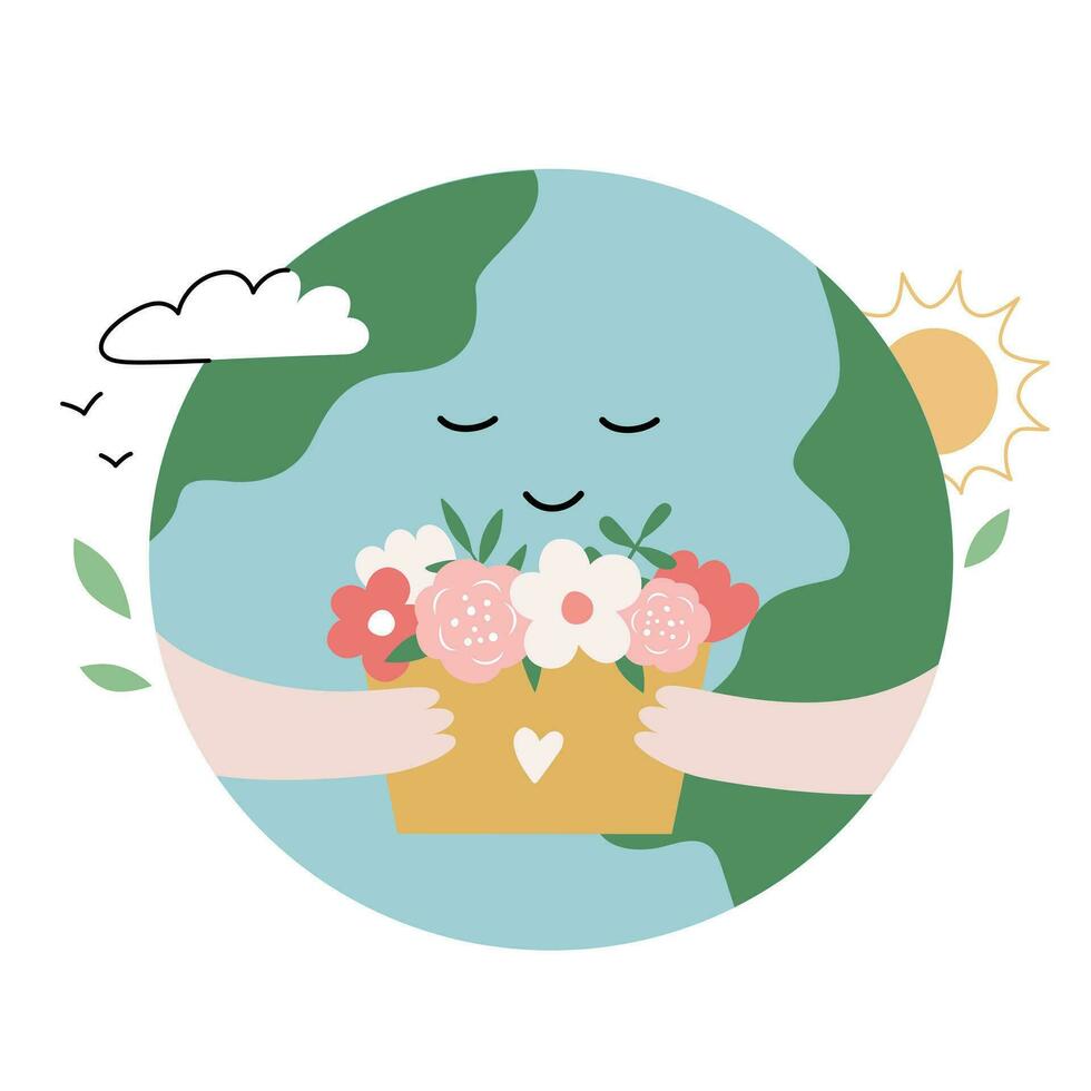 Cute earth planet character with a box of flowers. Nature conservation concept. Perfect for ecology print vector