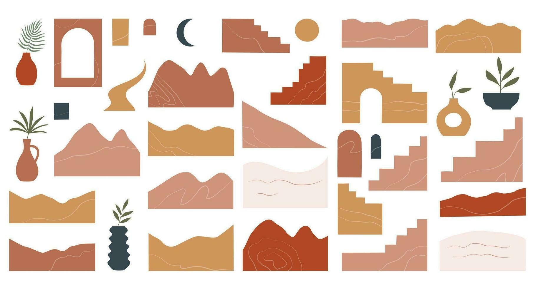 Set with landscape elements and vases in mid century modern style. Vector mountains and hills in earth tones