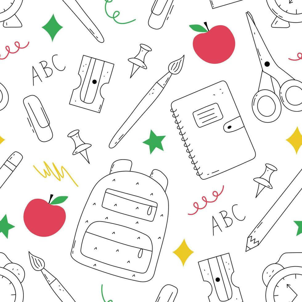 Seamless pattern with school elements. White vector background in doodle style. Back to school concept perfect for banner, poster or flyer