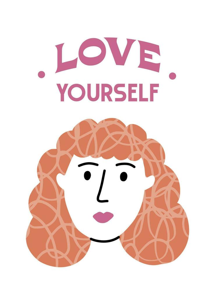 Colorful funny female head with curly haircut and neutral emotions. Simple vector illustration in line doodle style