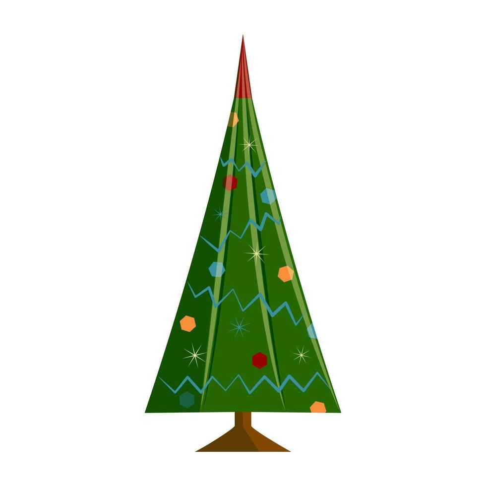 Christmas tree with colorful ornaments. Christmas tree made of geometric shapes. Festive stylized tree. Flat vector illustration.