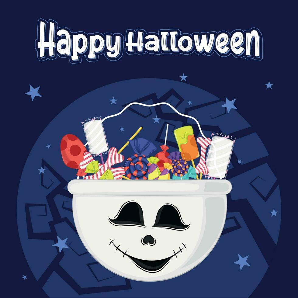 Colored halloween candies skull basket Happy halloween Vector