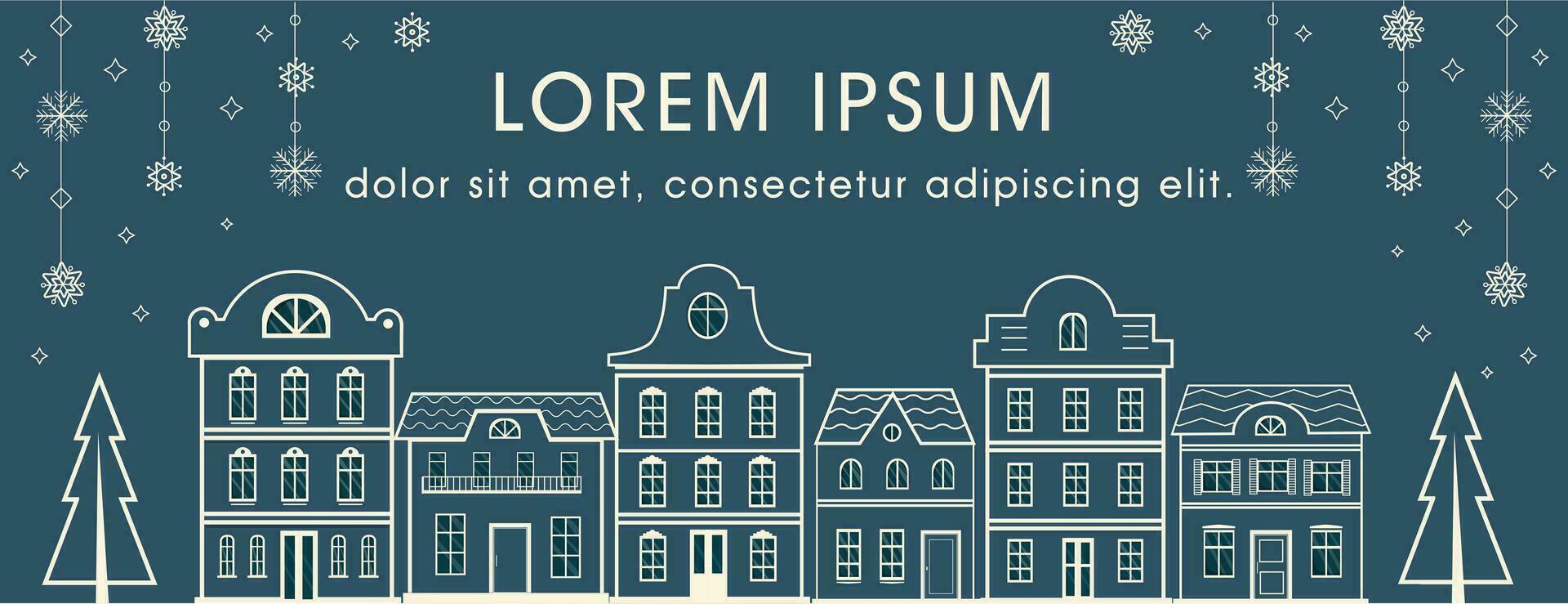 Template with row of houses lineart drawing. Horizontal banner with european city landscape. Scandinavian architecture. Buildings skyline. Vector illustration.