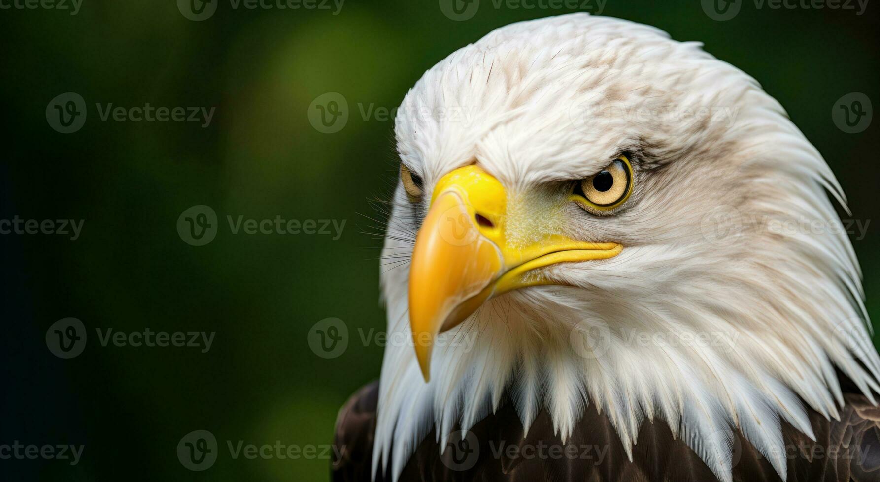 Eagle with keen gaze. Wild bird. On green background with copy space. Close up of bald eagle intense gaze. Design for poster, banner, landing page, presentation, cover, stationery, AI generated photo