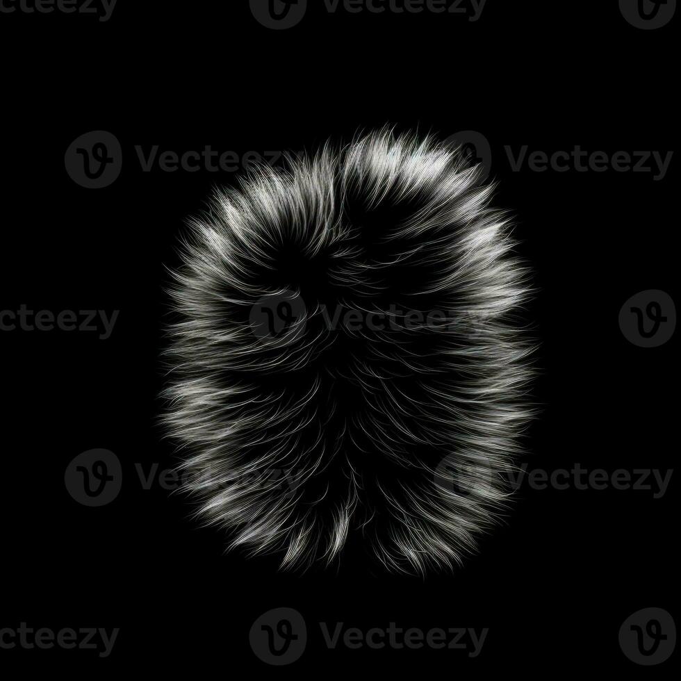 Fluffy furball, plush sphere. Fur toy, pompom. Black and white fur isolated on a black background. Fluffy animal fur, AI generated photo
