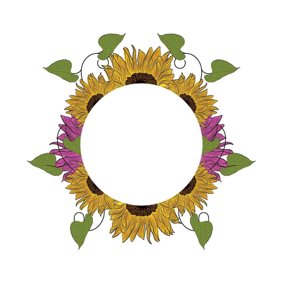 Colored sunflower frame Flower border Vector