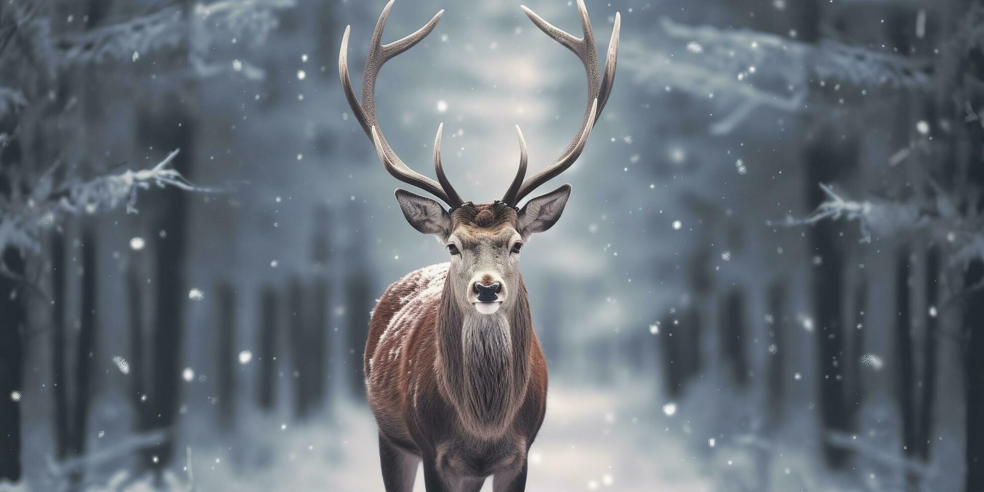 Noble deer male in the winter snow forest. Artistic winter Christmas landscape. AI Generated photo