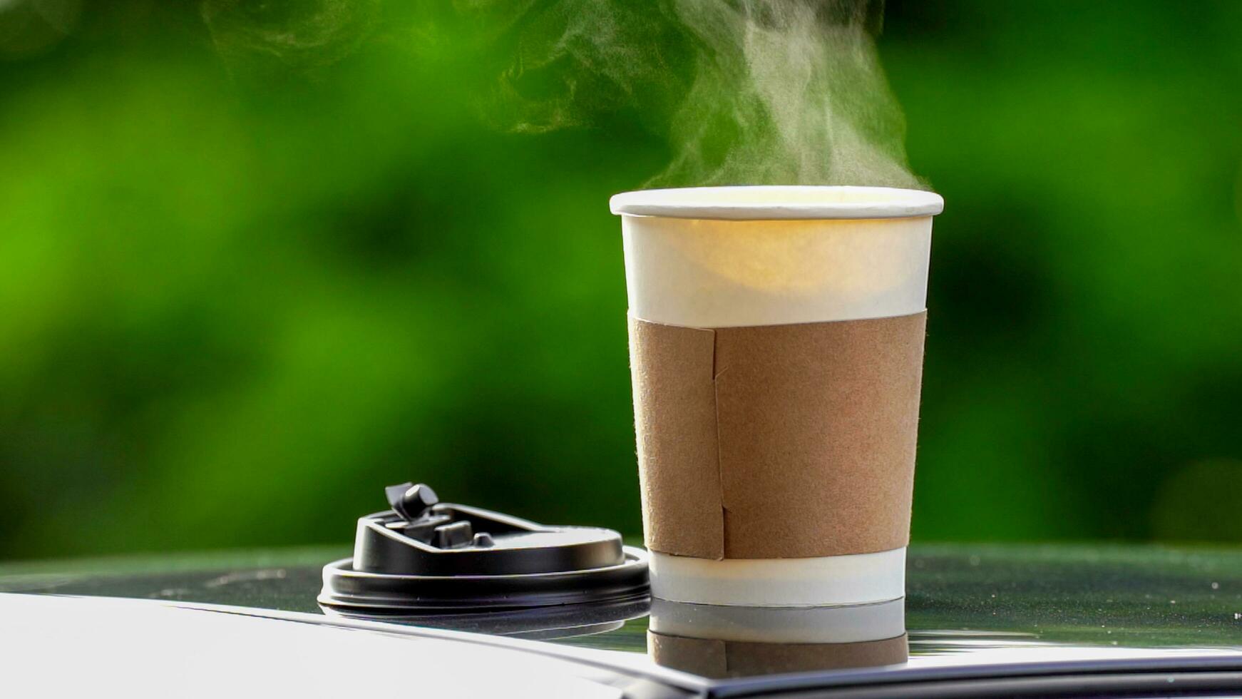 café para llevar en un papel taza en parte superior de el coche techo verde árbol antecedentes a amanecer en el mañana, selectivo enfocar, suave enfocar. foto