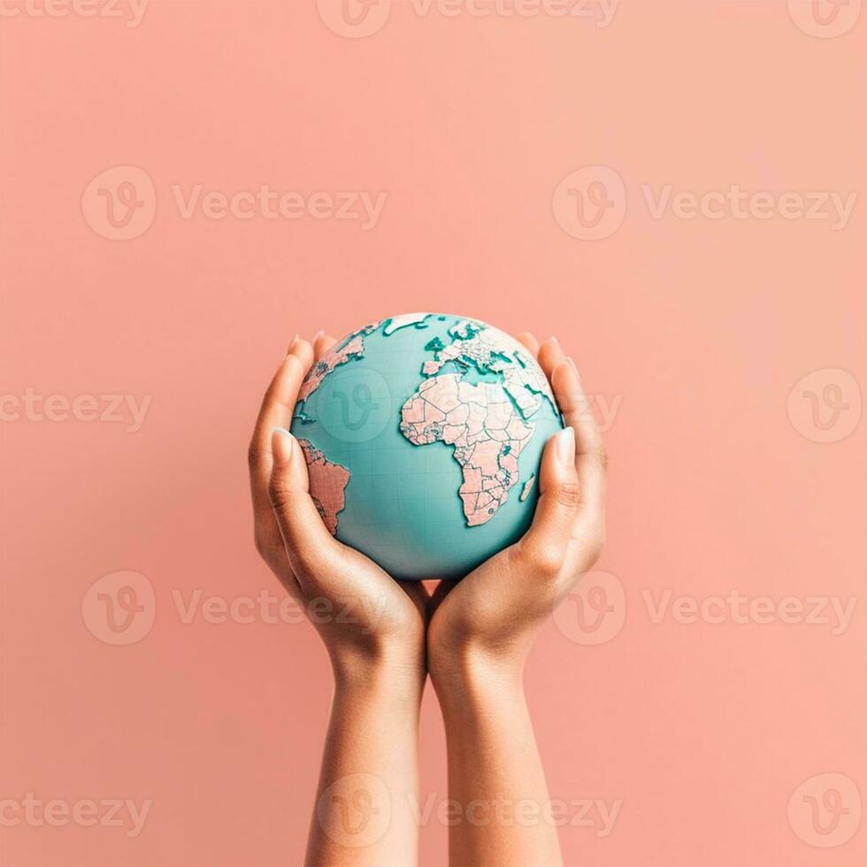 Woman holding the globe in her hands - AI generated image photo