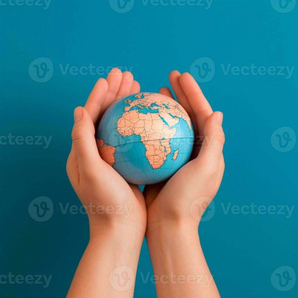 A man holds a globe in his hands - AI generated image photo