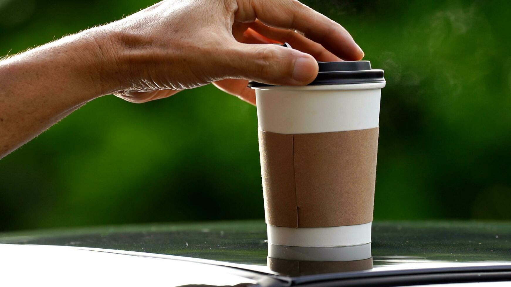 café para llevar en un papel taza en parte superior de el coche techo verde árbol antecedentes a amanecer en el mañana, selectivo enfocar, suave enfocar. foto