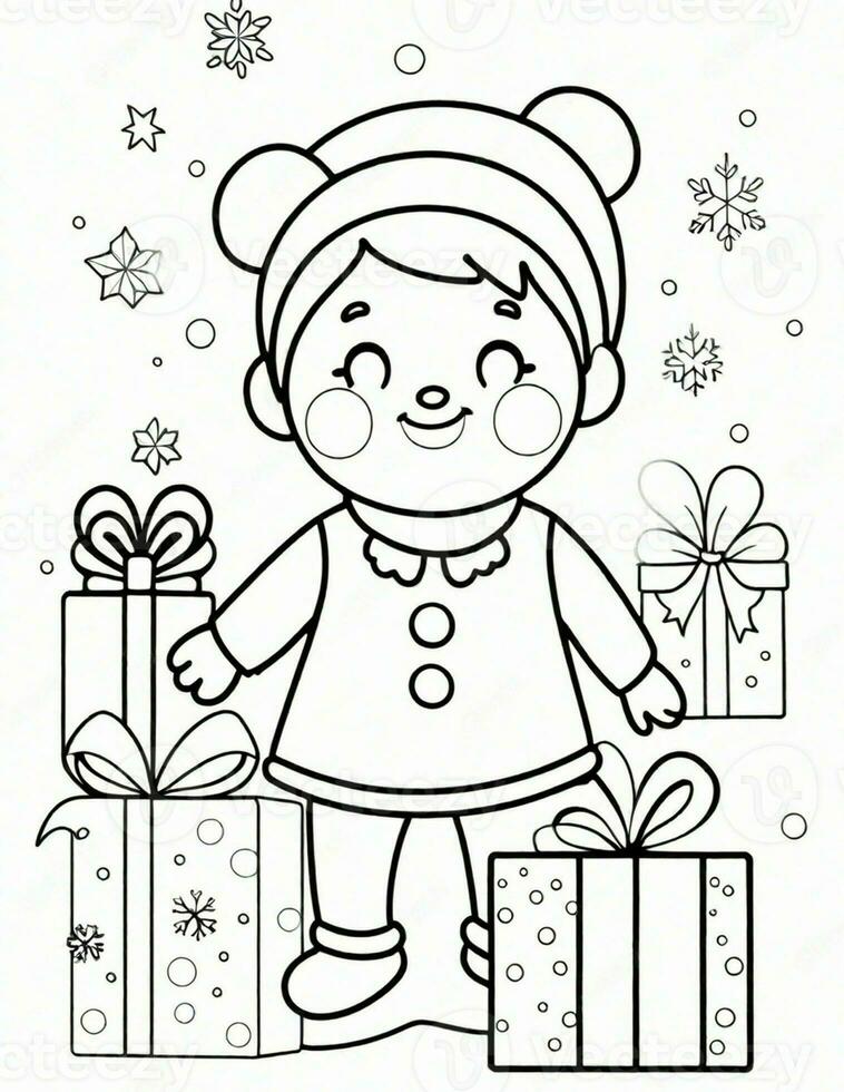 winter and christmas coloring page for kids girl with hat photo