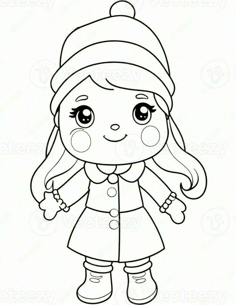 winter and christmas coloring page for kids girl with hat photo